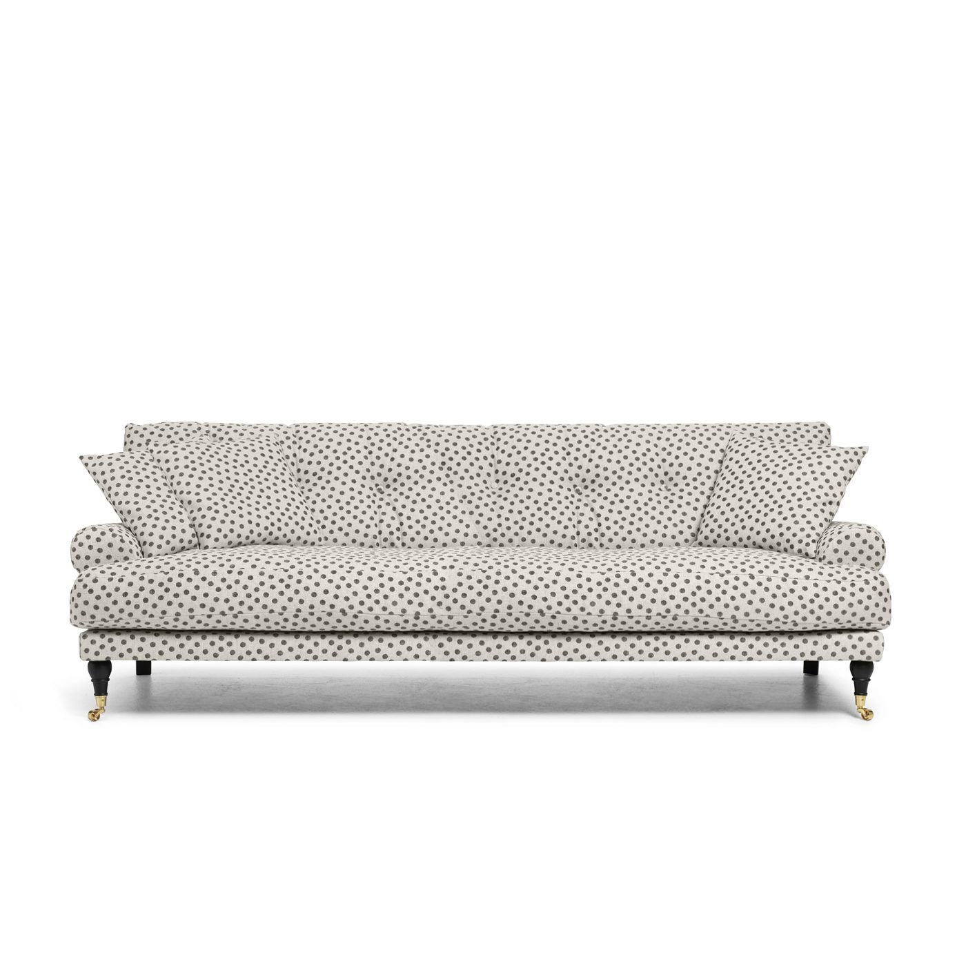 Blanca 3-Sitssoffa Prickig är en Howard-soffa i linne med svarta prickar från Melimeli