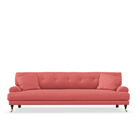 Blanca 3-Sitssoffa Coral. Soffa i korallröd chenille med mörkbetsade träben, stoppade knappar och mässinghjul.