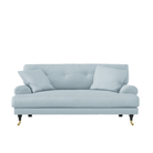 Blanca Love Seat Baby Blue. Liten soffa i ljusblå chenille med mörkbetsade träben, stoppade knappar och mässinghjul.