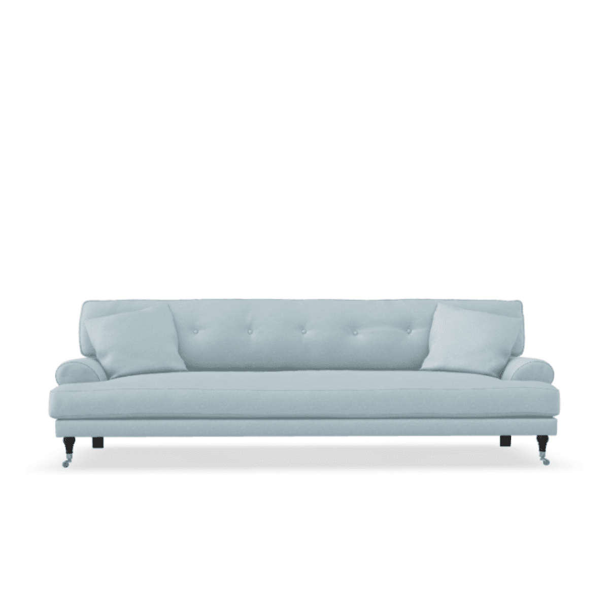 Blanca 3-Sitssoffa Baby Blue. Soffa i ljusblå chenille med mörkbetsade träben, stoppade knappar och mässinghjul.