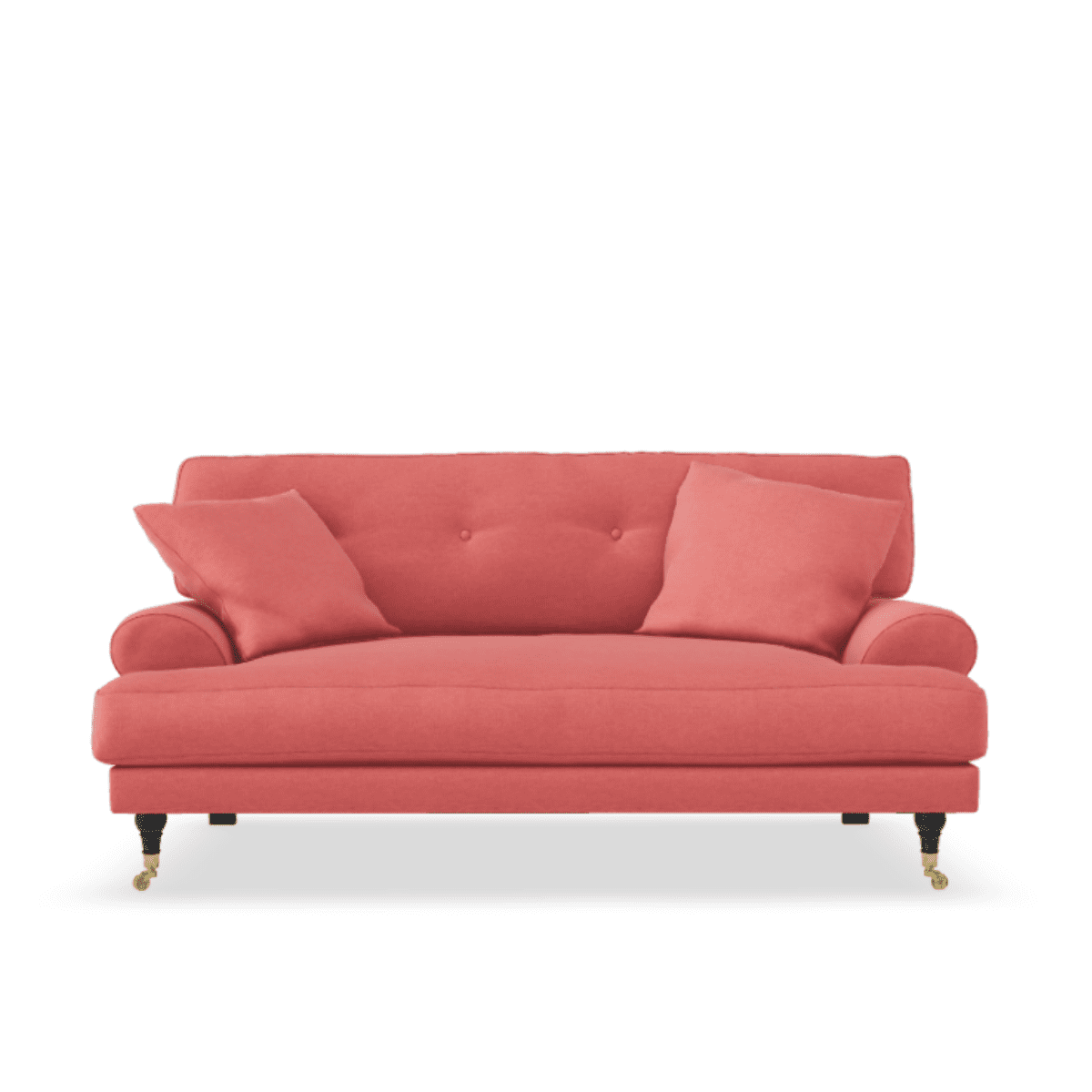 Blanca Love Seat Coral. Liten soffa i korallröd chenille med mörkbetsade träben, stoppade knappar och mässinghjul.
